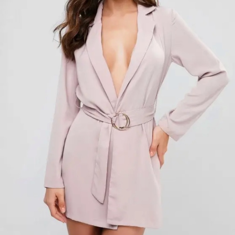 SOLD ZAFUL Round Buckle Belted Open Front Blazer